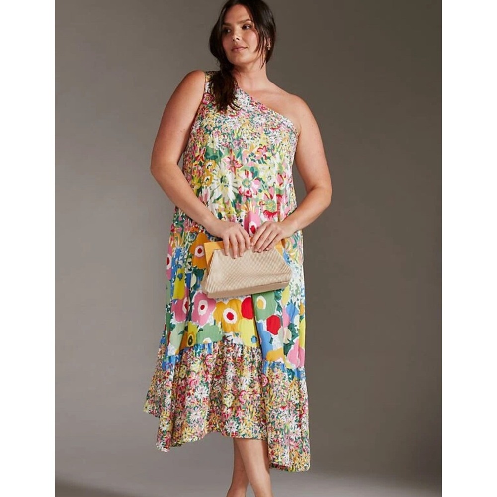 Sarah Campbell Anthropologie Floral Patchwork One Shoulder Midi Dress 1X Multi